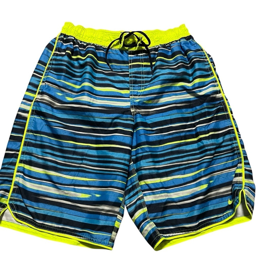 Nike Neon Trim Blue Striped Swim Trunks Size Medium Sun Summer Swim Surf